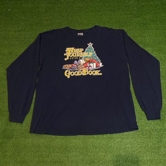 Vintage 90s Gildan Ultra Cotton Navy Long Sleeve Shirt "Wrap Yourself Up In A Go - Picture 1 of 4